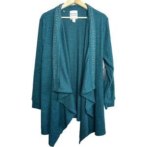New York Laundry Women’s Teal Blue Waterfall Cardigan Sweater Rhinestones Long S